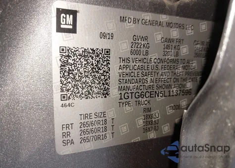 2020 GMC Canyon 4Wd Short Box Sle z USA, uszkodzony, nr VIN 1GTG6CEN5L1137596